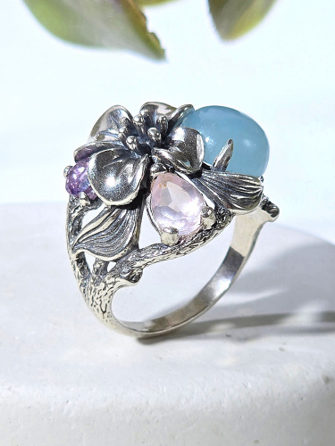 Серебряное кольцо ETERI c аквамарином, аметистом и розовым кварцем